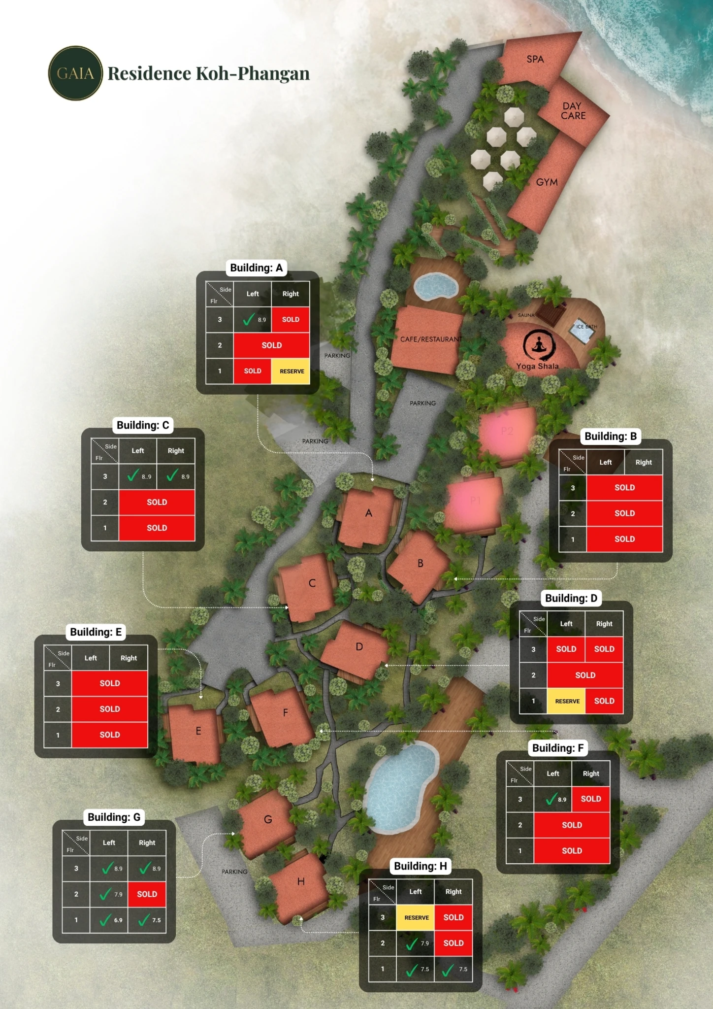 Gaia Residence site plan - all buildings, amenities and available units