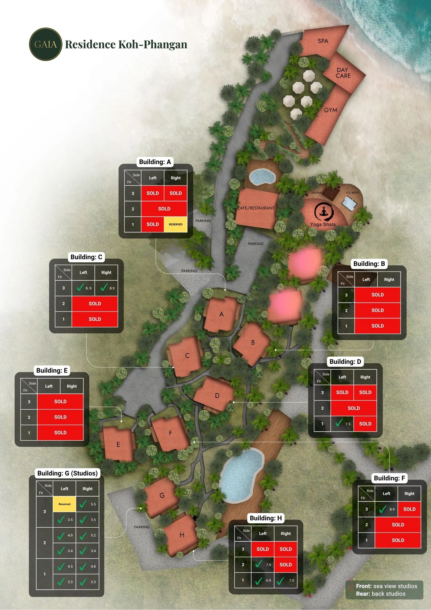 Gaia Residence site plan: all buildings, amenities and available units