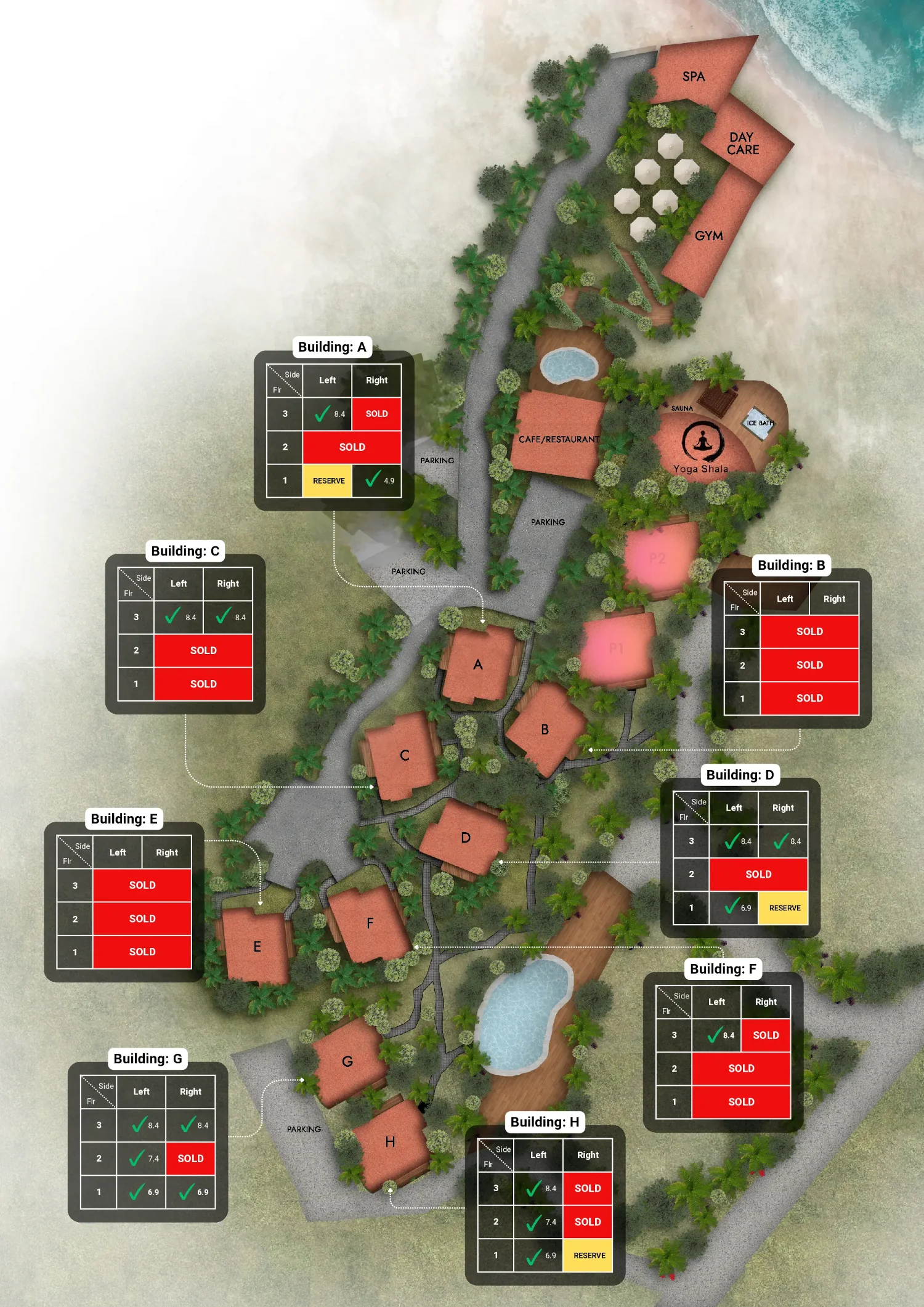 Gaia Residence site plan - all buildings, amenities and available units