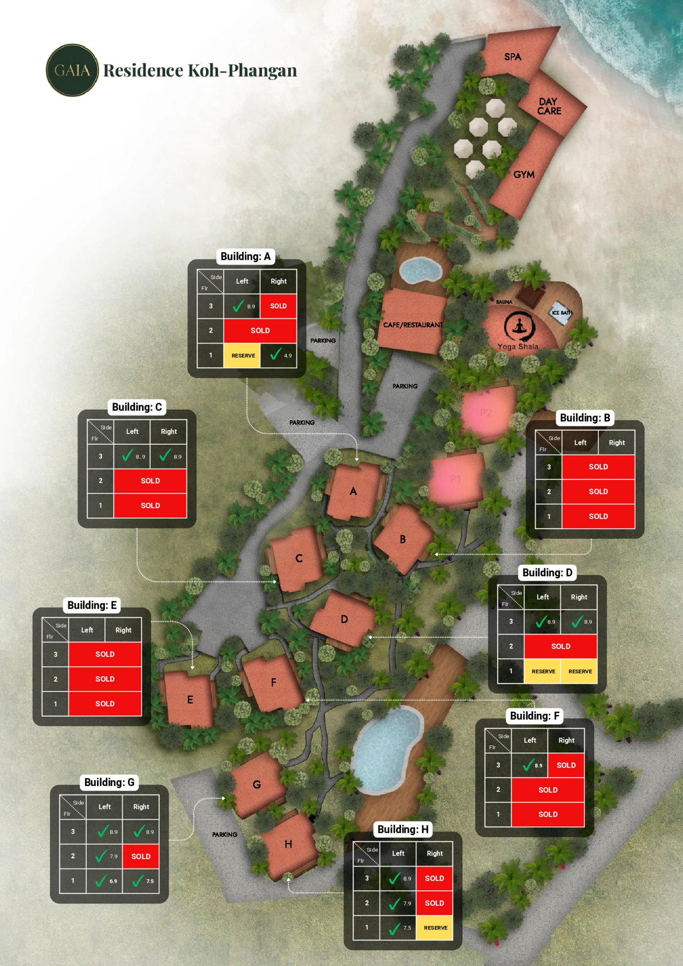 Gaia Residence site plan - all buildings, amenities and available units