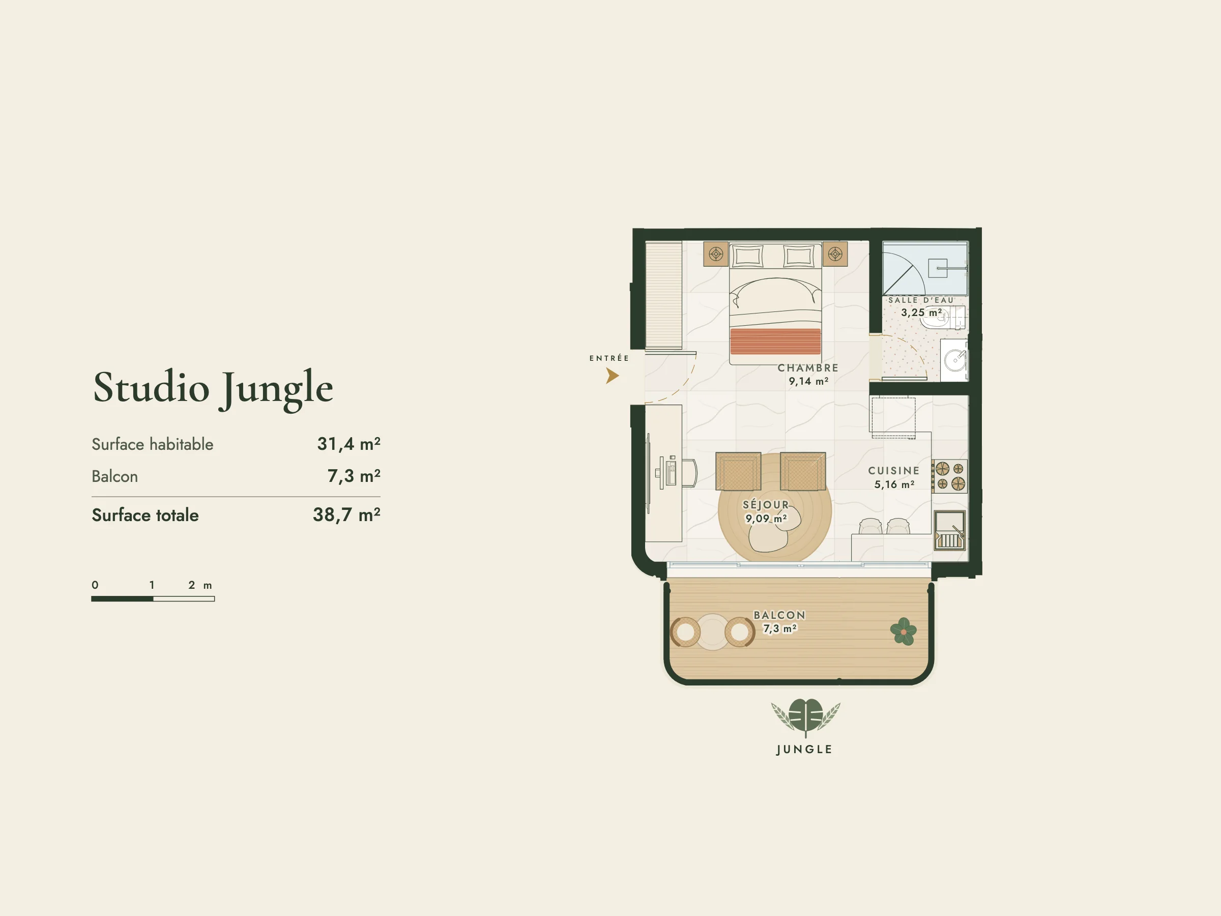 Plan du Studio Jungle, niveaux 2 et 3 avec balcon