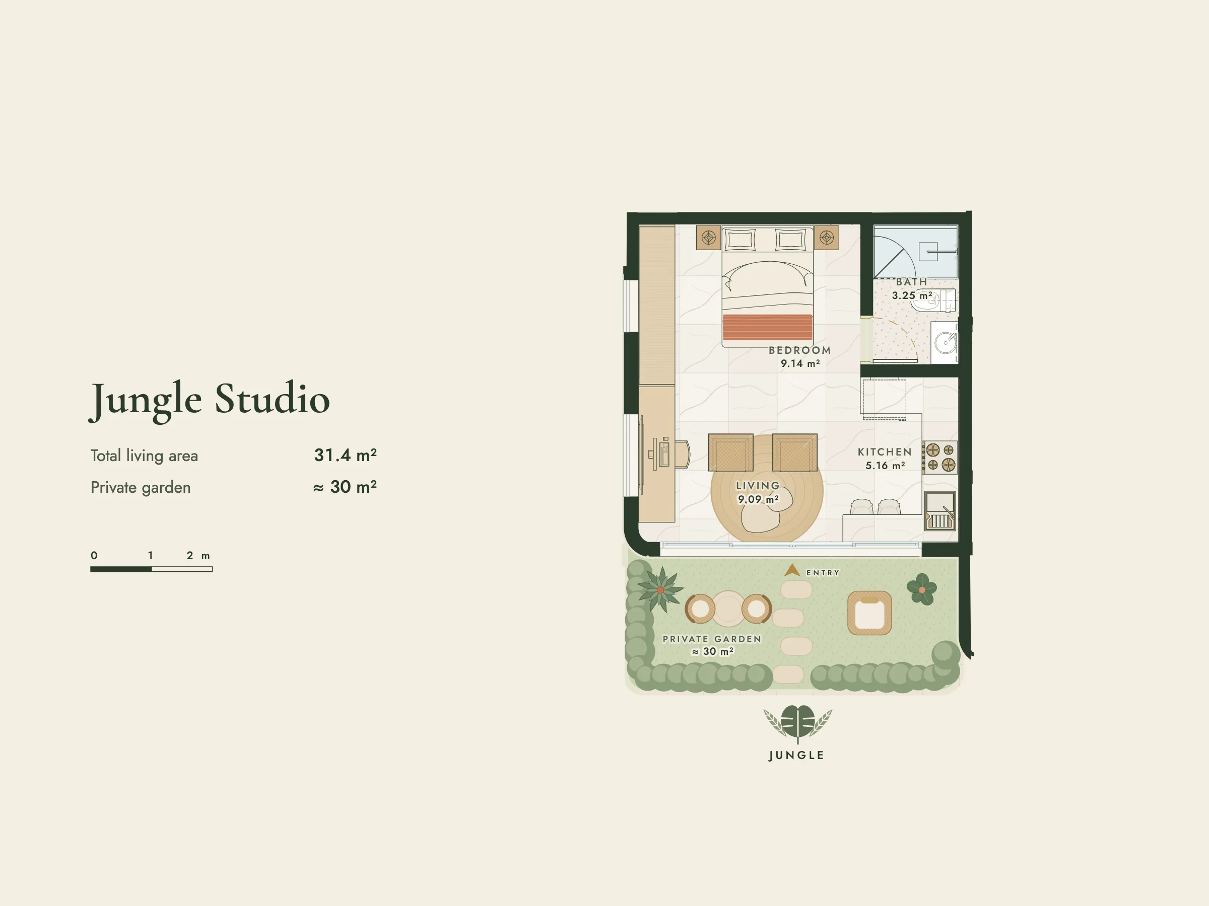 Jungle Studio floor plan, floor 1 with private garden