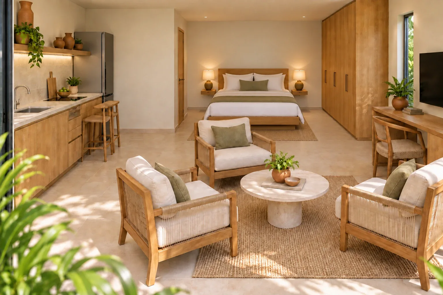 Jungle Studio as designed: bed, seating area and kitchen (render)