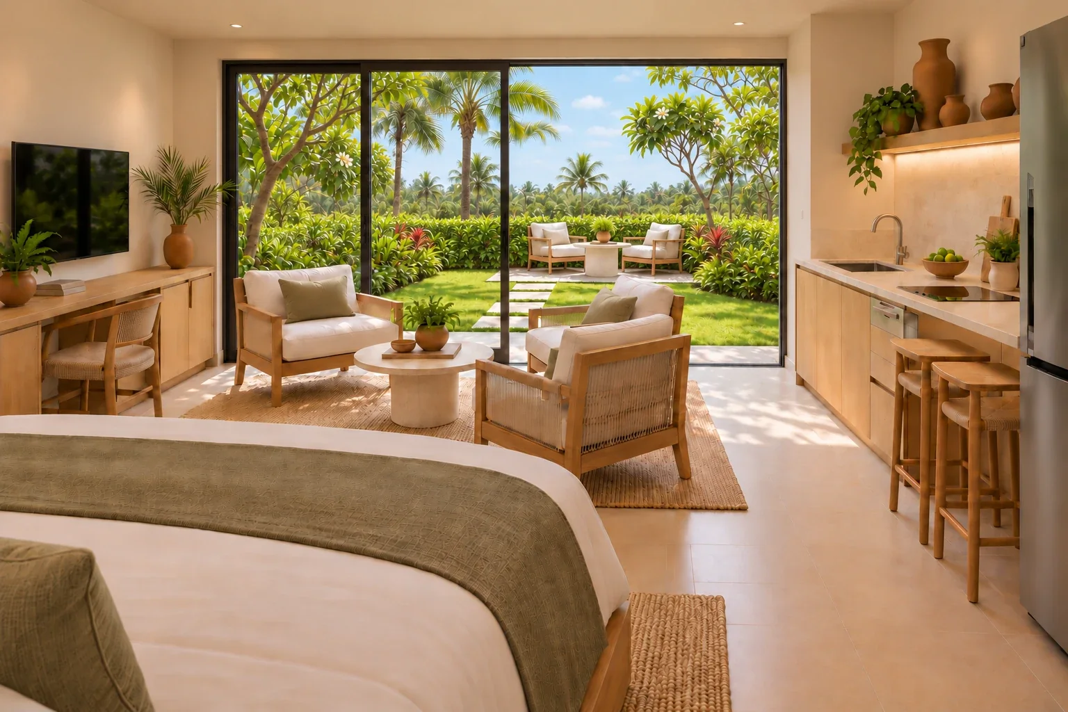 Jungle Studio on floor 1 as designed: living area opening to the private garden (render)