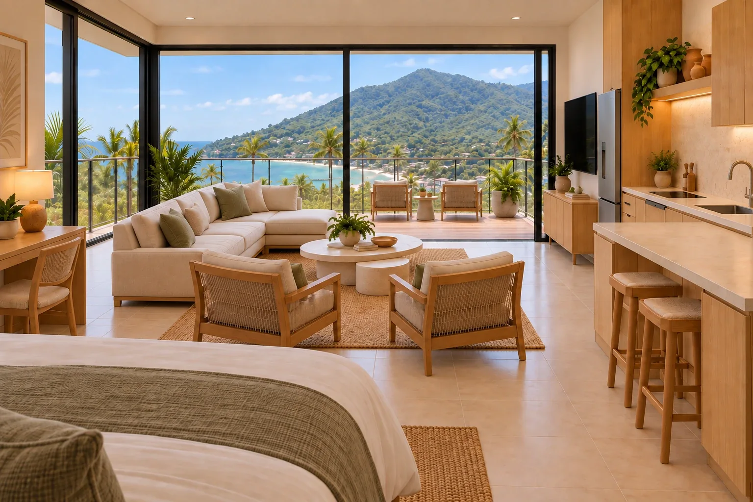 Sea Studio as designed: living area opening to the terrace over Chaloklum Bay (render)